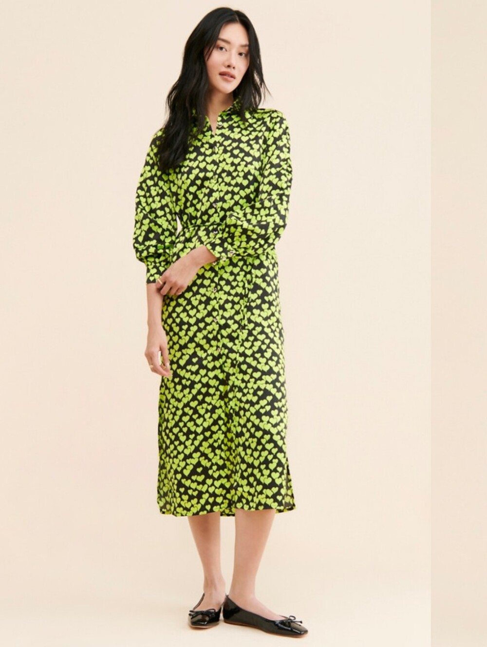 CRAS Lula Heart Print Shirt Midi Dress Size 38 M Lime Black Silver Heart Buttons